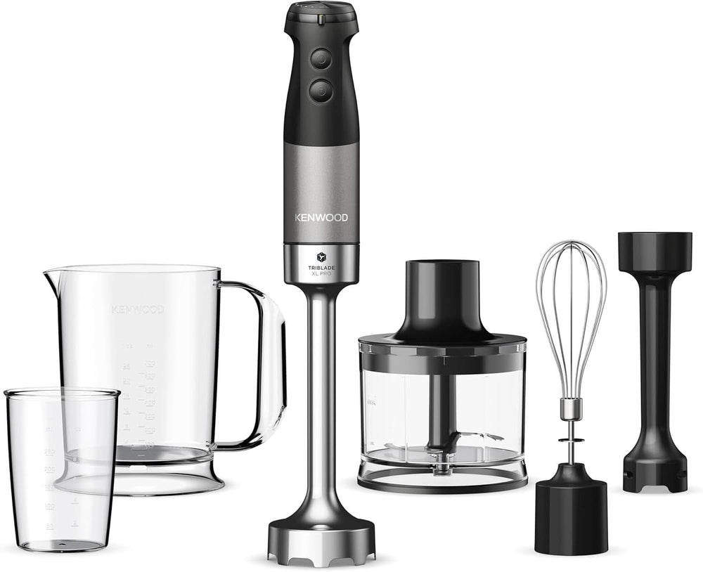 Kenwood Triblade XL Pro Stabmixer HBM80.322BK, 1200W, Variable Speeds, Edelstahl(Pürierfuß), Schneebesen, Emulgieraufsatz, 500Ml Zerkleiner, 700 & 250Ml Becher, Spülmaschinenfeste Teile Bucatarie Naty Shop Schwarz Hbm80.322Bk