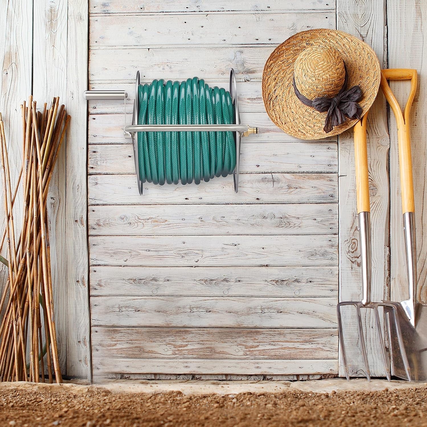 Relaxdays Rolă furtun din oțel inoxidabil, înfășurare furtun gol, montare pe podea și perete, pentru furtun de grădină de 40 m, rolă furtun, argintiu, 43,5 x 43,5 x 31,5 cm