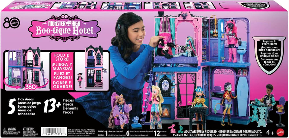 Casă de păpuși Monster High Buh-tique Hotel, set de joacă pliabil cu surprize înfricoșătoare în fiecare cameră și peste 13 piese de joacă, inclusiv mobilier și accesorii, JBF16