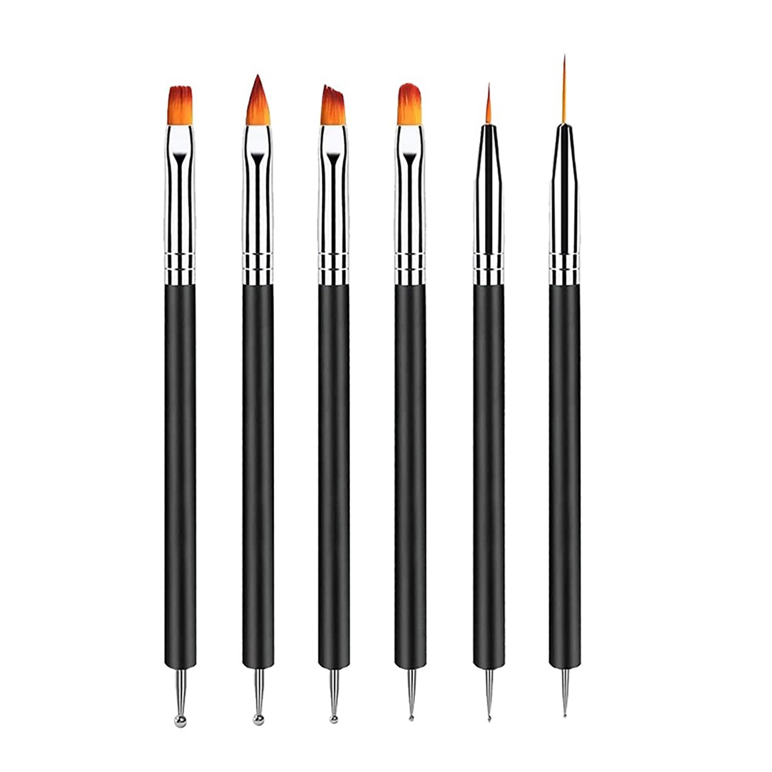 6 Stück Doppel-Ende Nagel Pinsel, Nageldesign Pinsel, Doppel-Ende Nail Art Pinsel Kit Professionelle Maniküre Werkzeuge Kit（Schwarz）