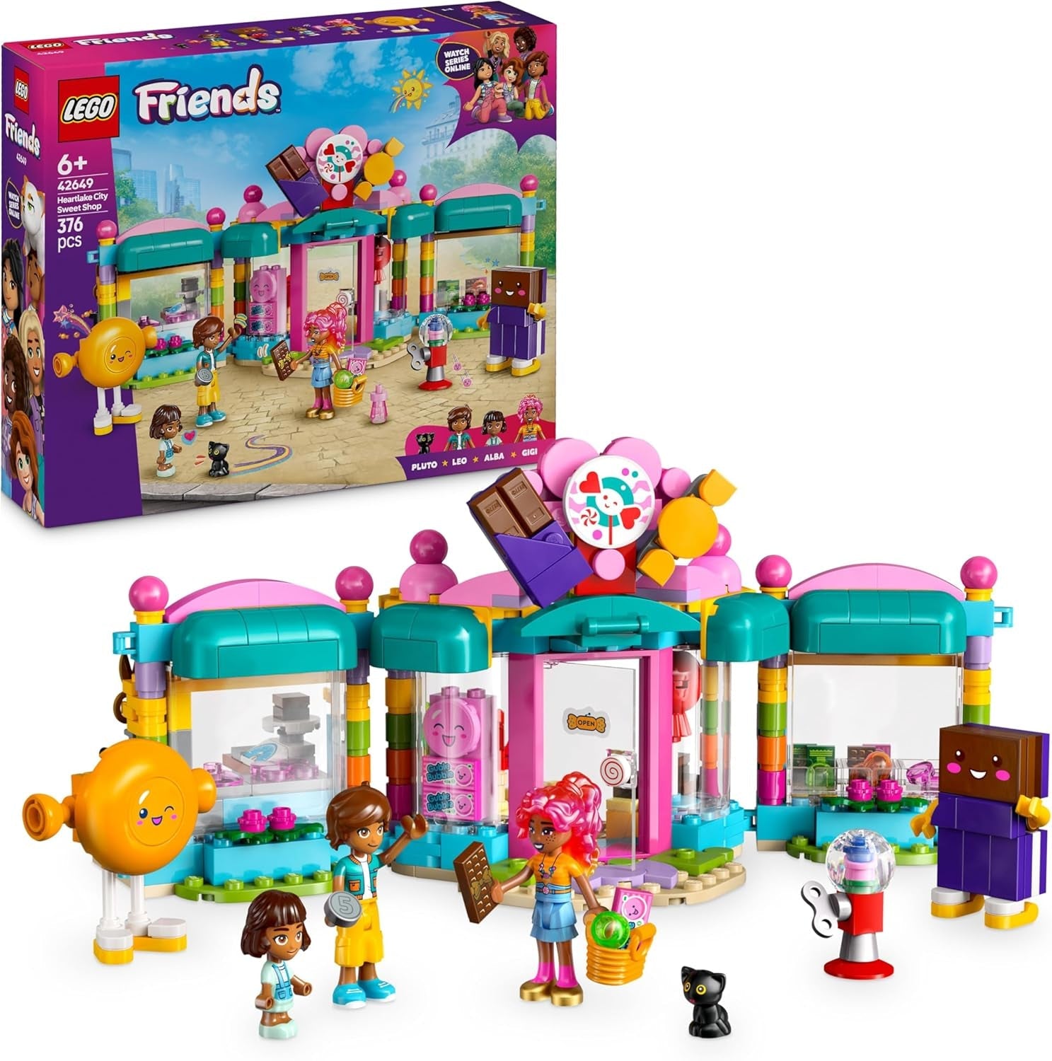 LEGO Friends Heartlake City Süßwarenladen - Kinder Spielset zum Bauen mit 3 Minifiguren, Einer Katzenfigur, Spielzeug Lebensmittel und Zubehör - Geschenk für Mädchen und Jungen ab 6 Jahren - 42649