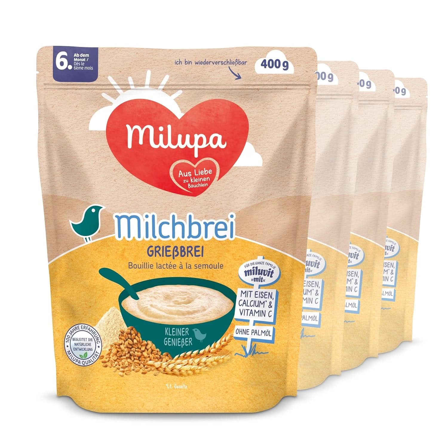 Milchbrei Milupa Sanfter Start – Brei für Babys ohne Gluten, ohne Palmöl – ohne Konservierungs- und Farbstoffe – ab dem 5. Monat Mutter und Kind Naty Shop Milchbrei mit Grieß