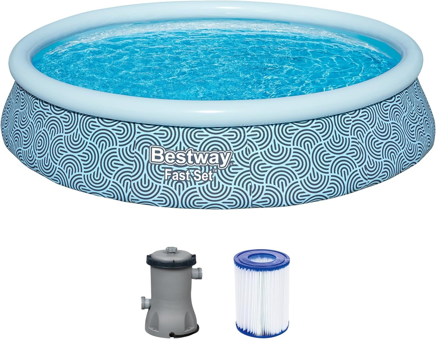 Set piscină supraterană Bestway Fast Set cu pompă de filtrare, Ø 396 x 84 cm, 7.340 litri, material TriTech cu 3 straturi, design grafic cu linii, autoasamblare, pompă de filtrare, cartuș de filtrare, plasture de reparare