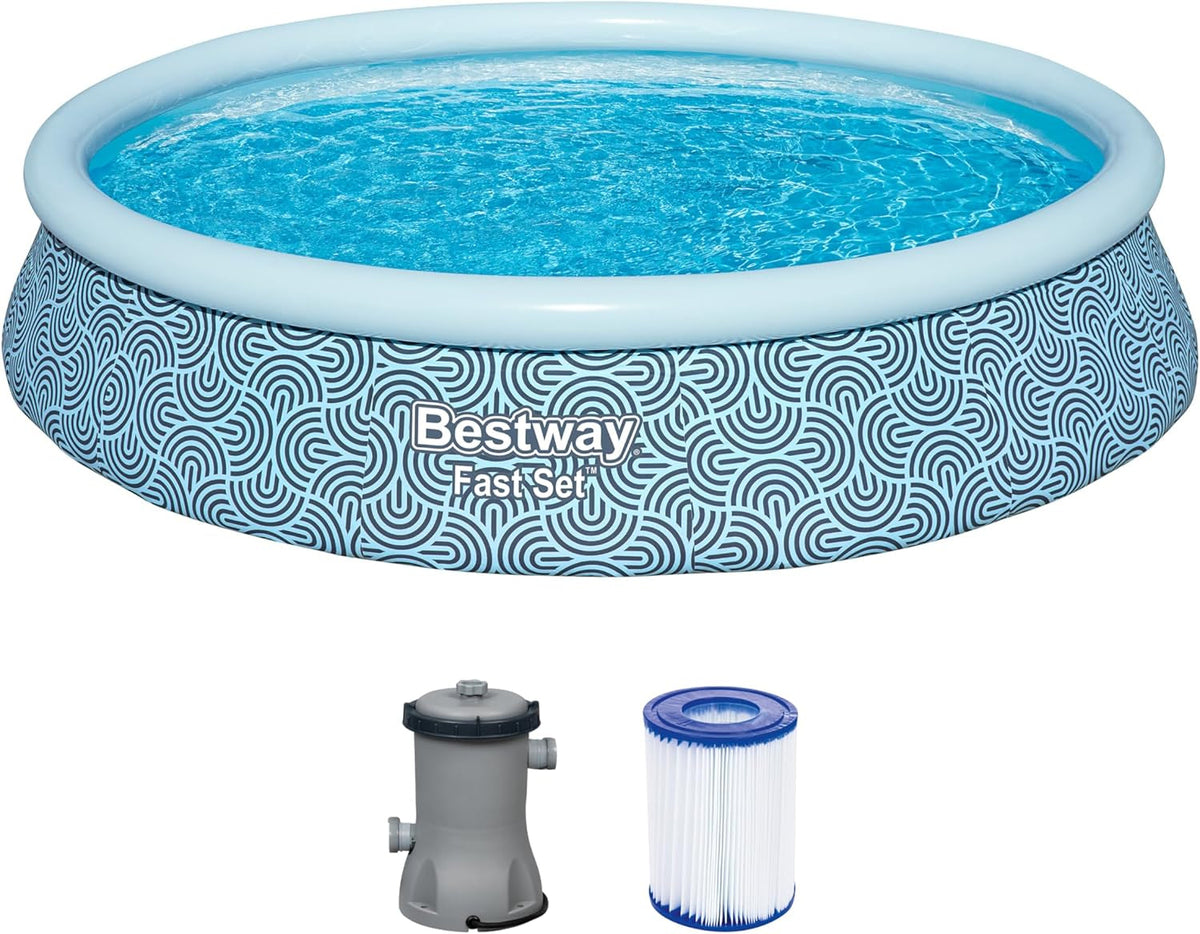 Set piscină supraterană Bestway Fast Set cu pompă de filtrare, Ø 396 x 84 cm, 7.340 litri, material TriTech cu 3 straturi, design grafic cu linii, autoasamblare, pompă de filtrare, cartuș de filtrare, plasture de reparare