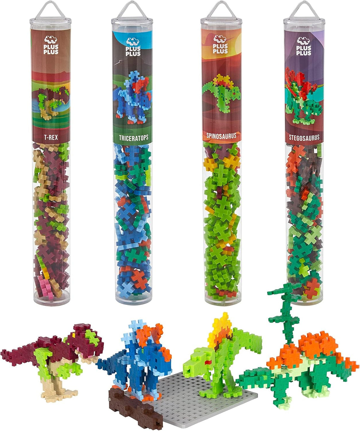 Plus-Plus 7266 Geniales Konstruktionsspielzeug, Dinosaurier-Mix, Bundle aus 4 verschiedenen Kreativ-Bausteine Tubes inkl. Bauplatte, 400 Teile, Mischfarben