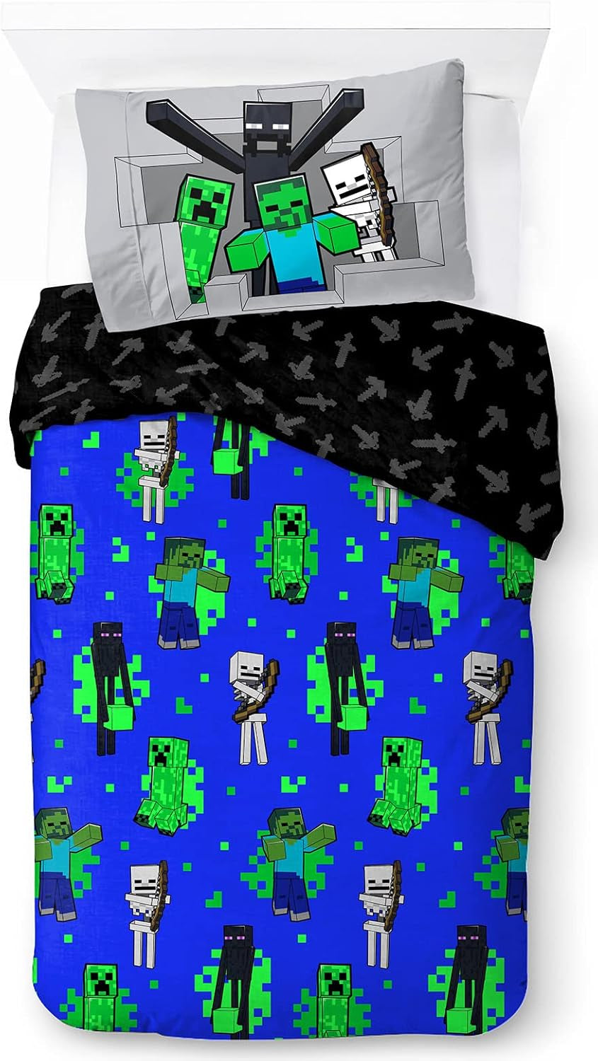 Lenjerie de pat pentru copii, personaje Disney, 100% bumbac Lenjerie de pat - copii Naty Shop Albastru - Minecraft 135X200/50X70 (2 Piece)