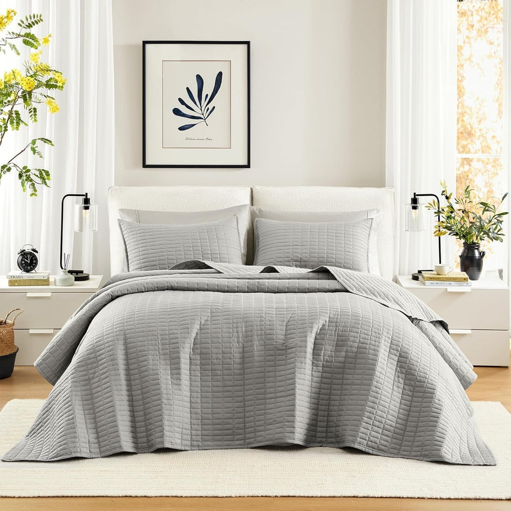 Comfort Spaces Kienna Quilt Set, cusături duble de lux, pătură de vară, ușoară, moale, lenjerie de pat pe tot parcursul anului, față de pernă asortată, albă, pătură pentru paturi King Size (264.2 X 228.6 Cm), Plapumi si pilote Naty Shop Gri Cuvertură de pat supradimensionată King(120"X118")
