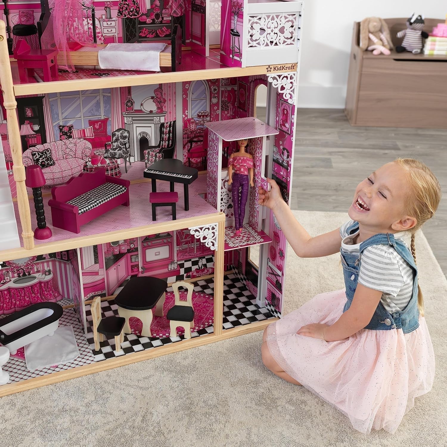 Kidkraft Amelia Puppenhaus aus Holz mit Möbeln und Zubehör, Spielset mit Balkon und Aufzug für 30-cm-Puppen, Spielzeug für 3-Jährige, 65093 Naty Shop Puppenhäuser