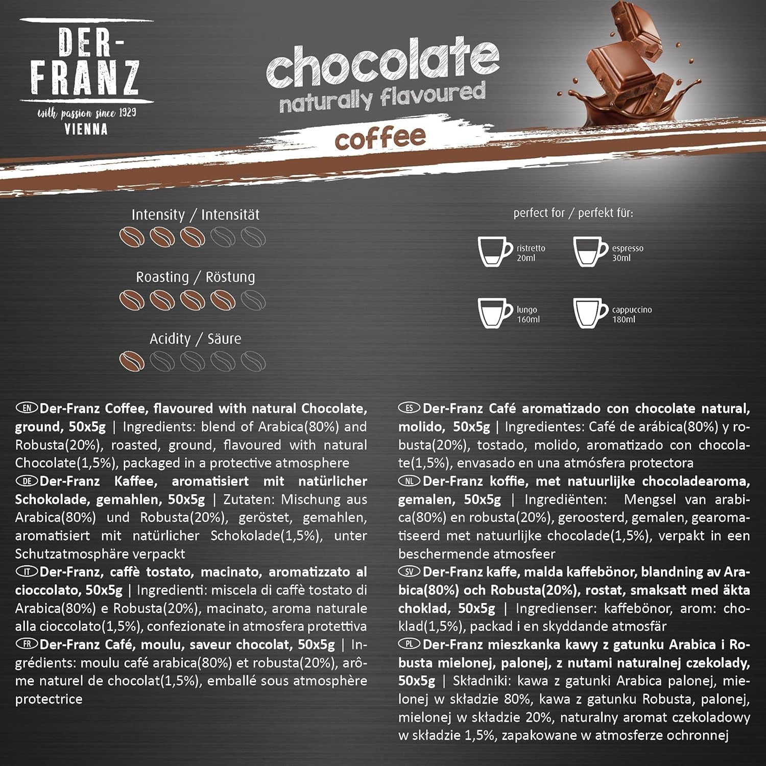 Der-Franz Kaffee Pack, ganze Bohne, aromatisiert, 5 x 500 g (1 x Haselnuss, 1 x Vanille, 1 x Schokolade, 1 x Zimt, 1 x Karamell)