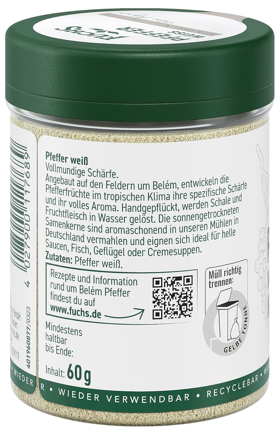Fuchs Gewürze - Pfeffer weiß gemahlen - Pfeffer aus dem Amazonasgebiet, für helle Saucen, Fisch oder Suppen - natürliche Zutaten - 60 g in wiederverwendbarer, recyclebarer Dose