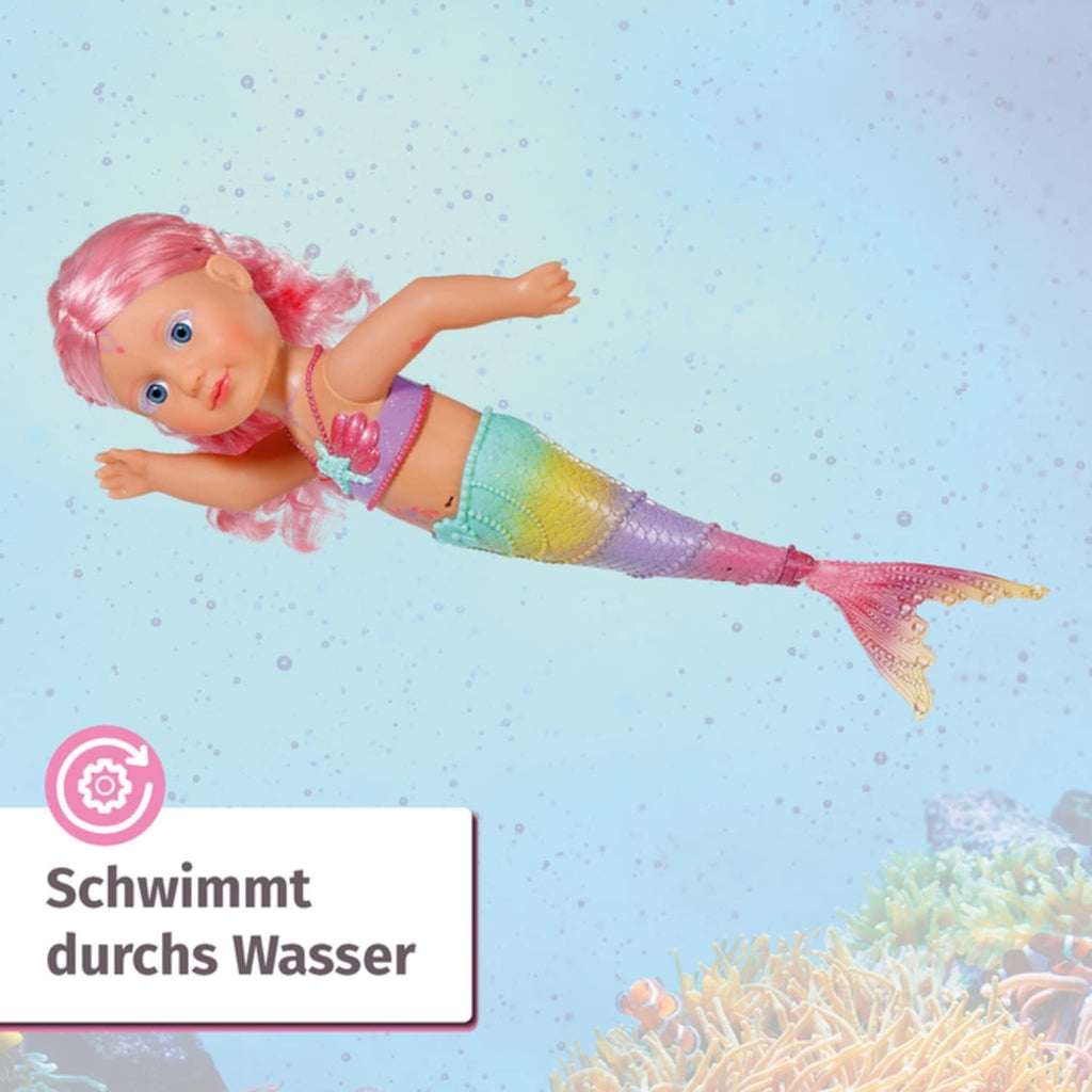 BABY Born Little Sister Mermaid 46 cm, Păpușă sirenă impermeabilă cu păr lung și aripioară mobilă cu sclipici, incl. tiară și pieptene, 833681 Zapf Creation Papusi Naty Shop