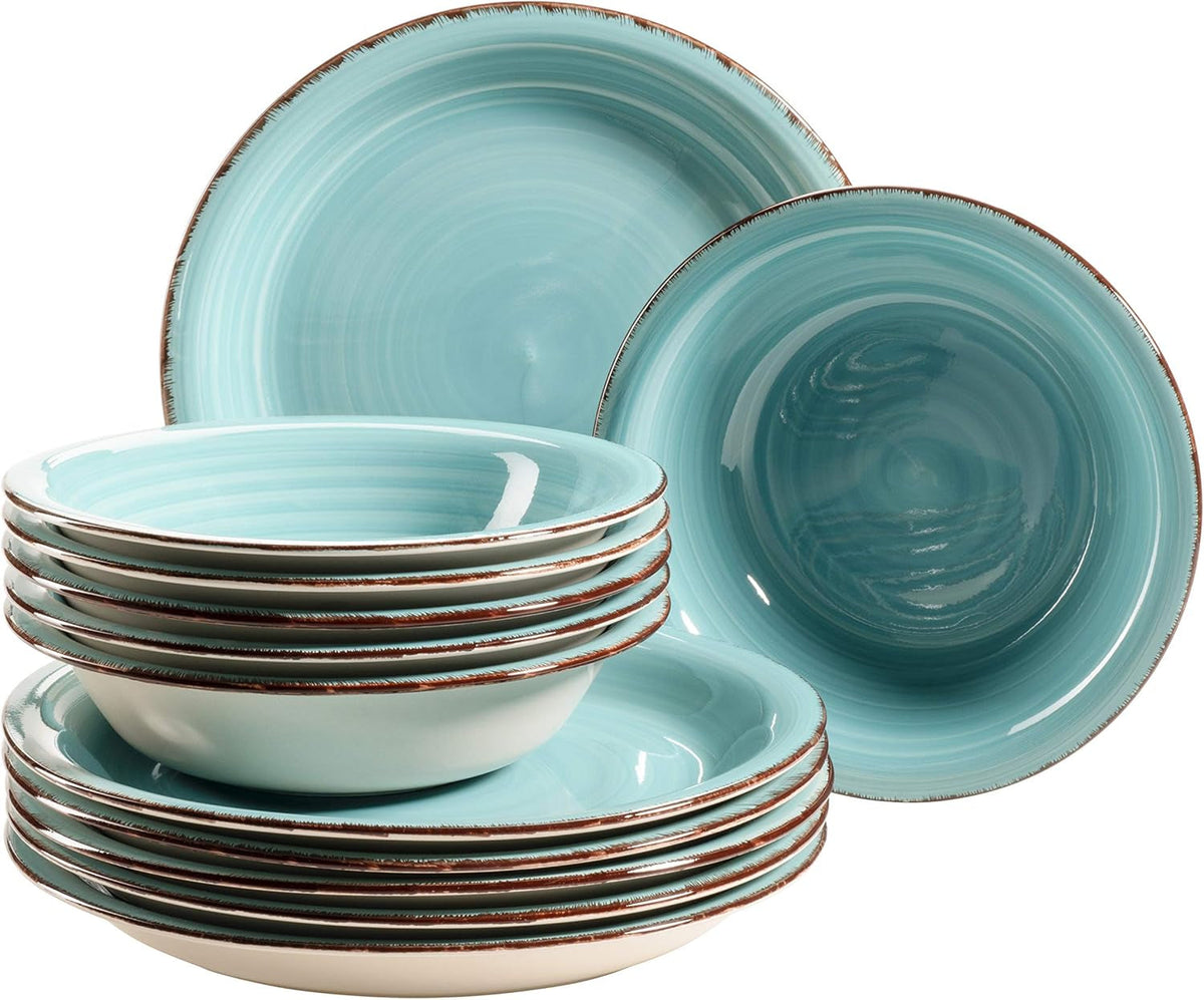 MÄSER Bel Tempo II Teller-Set für 6 Personen im modernen Vintage Look, 12-teiliges Tafelservice, handbemalt, Türkis, Steingut, 27 centimeters