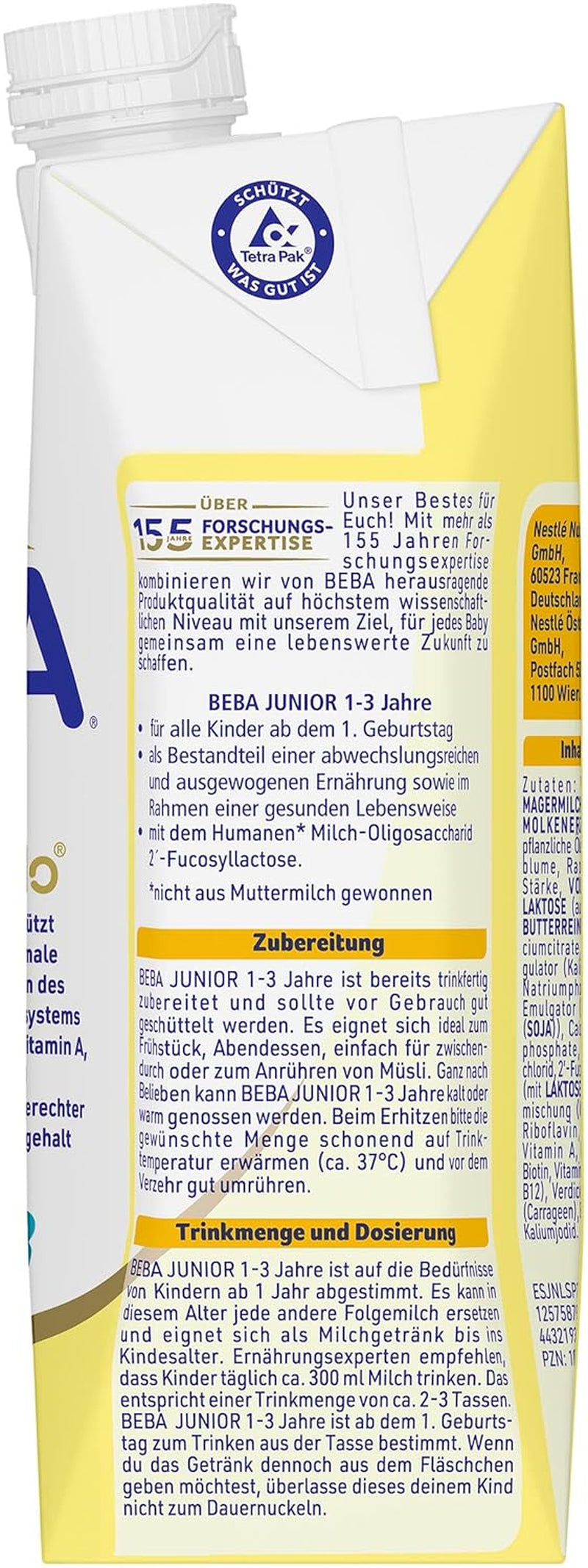 Băutură cu lapte gata de băut BEBA Junior 1-3 ani, cu HMO, conținut de proteine adecvat vârstei, fără ulei de palmier, fără ulei de pește, hrană pentru copii mici, pachet de 12 (12 x 500 ml)
