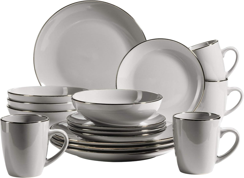 MÄSER Metallic Rim, Modernes Geschirr Set Für 4 Personen Mit Messingfarbenem Rand, 16-Teiliges Kombiservice Mit Randlosen Coupe-Formen, Steinzeug, Grau Tableware Sets Naty Shop Grau 16-Teilige