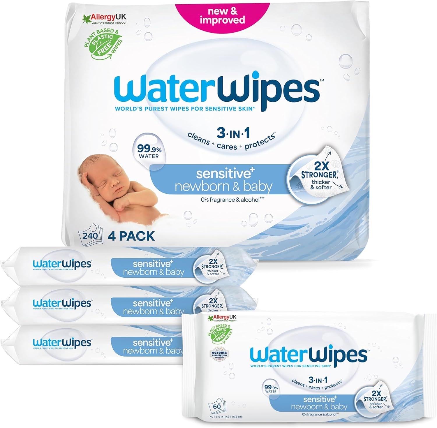 Șervețele umede WaterWipes Sensitive+ pentru nou-născuți și bebeluși, 720 bucăți (12 pachete), curățare, îngrijire, protecție 3 în 1, 99,9% apă, fără parfum