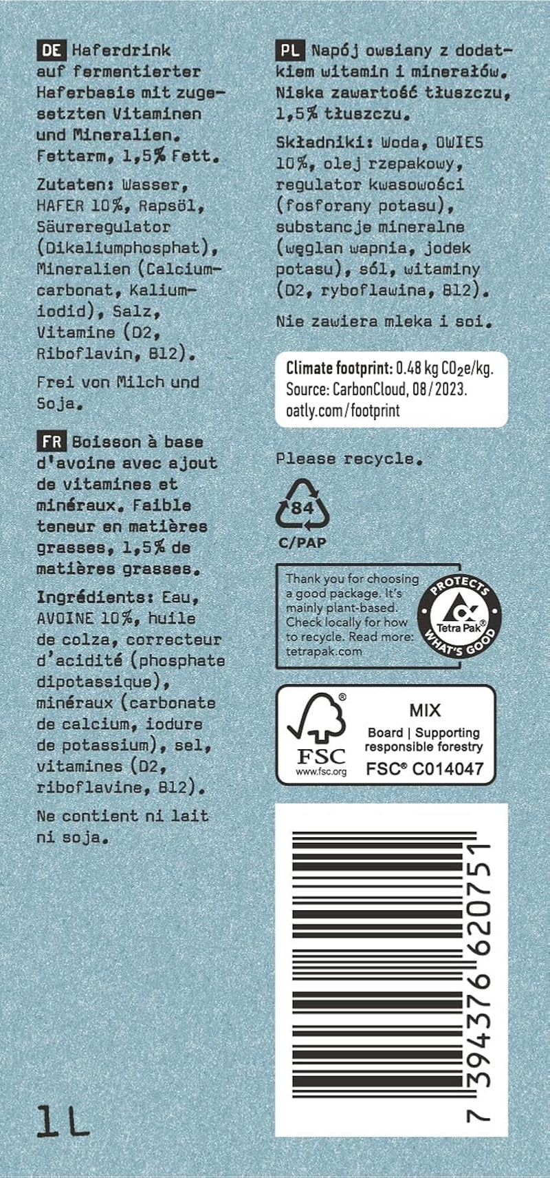 Oatly Haferdrink 1,5% Fett - Packung mit 6 (6 x 1 Liter)