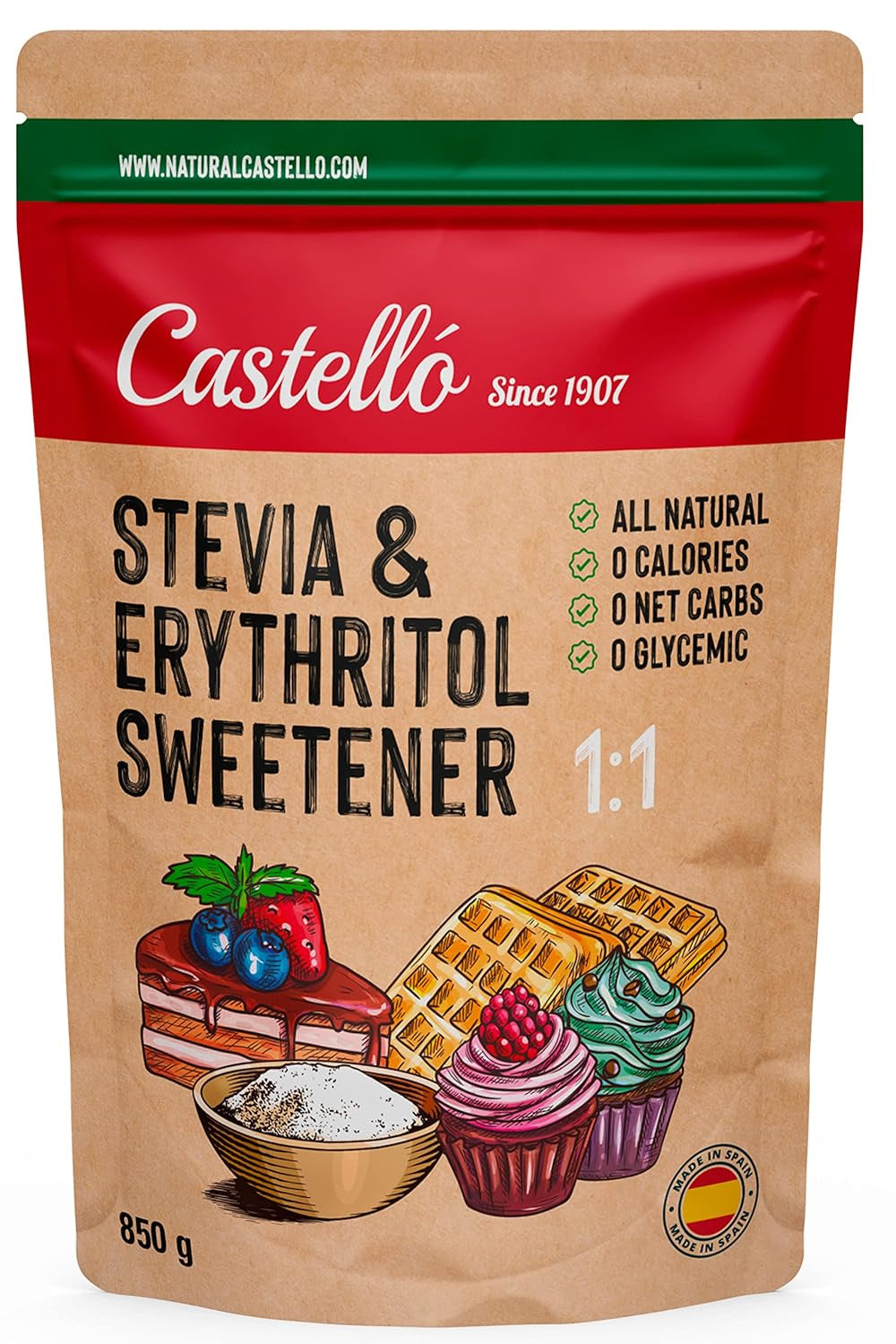 Stevia + Erythrit 1:1 Süßstoff | 1G = 1G Zucker | 100% Natürlicher Zuckerersatz - 0 Kalorien - 0 Glykämischer Index - Keto Und Paleo - 0 Netto-Kohlenhydrate - Kein GVO - Castello since 1907-850 G Indulcitori Naty Shop Default Title