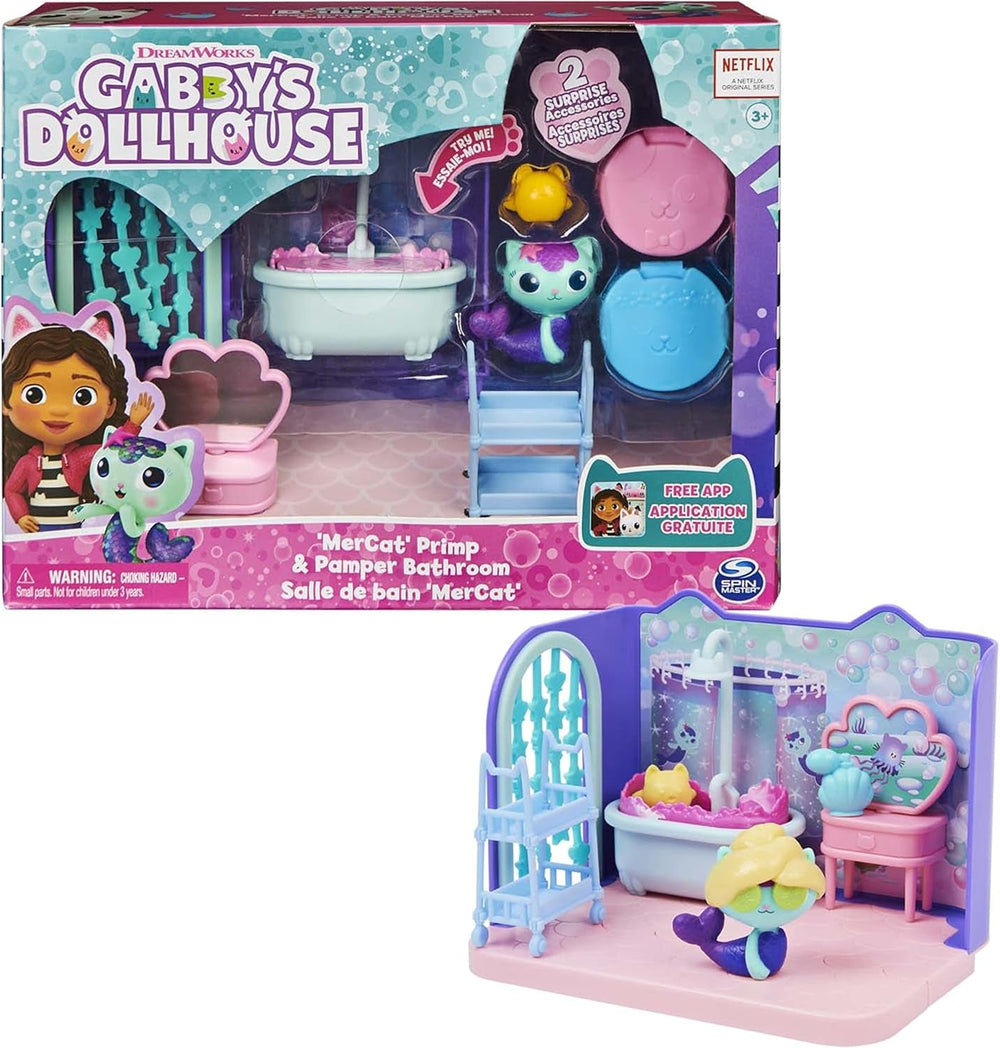 Camera Deluxe a casei de păpuși Gabby, Camera cu muzică groovy și Camera Deluxe, Baie elegantă și răsfățată, Baie cu pisoi de mare