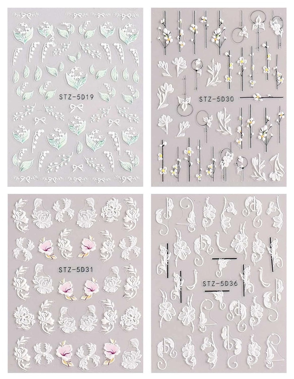 JMEOWIO 3D Nagelsticker Frühling Blume Nail Art Sticker Selbstklebend Nagelaufkleber 5D Stereoskopisch Buntes Sommer Blumen Dekoration Nageldesign Zubehör 4 Blatt