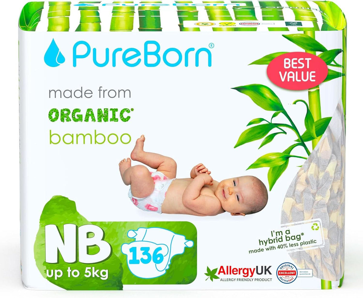 Pureborn Eco Bio-Bambuswindeln, Neugeborenengröße (bis 5 kg), umweltfreundlich, hypoallergen, ultraweich, mit Nässeindikator, verschiedene Aufdrucke Mutter und Baby Naty Shop Neugeborene (136 Stück)