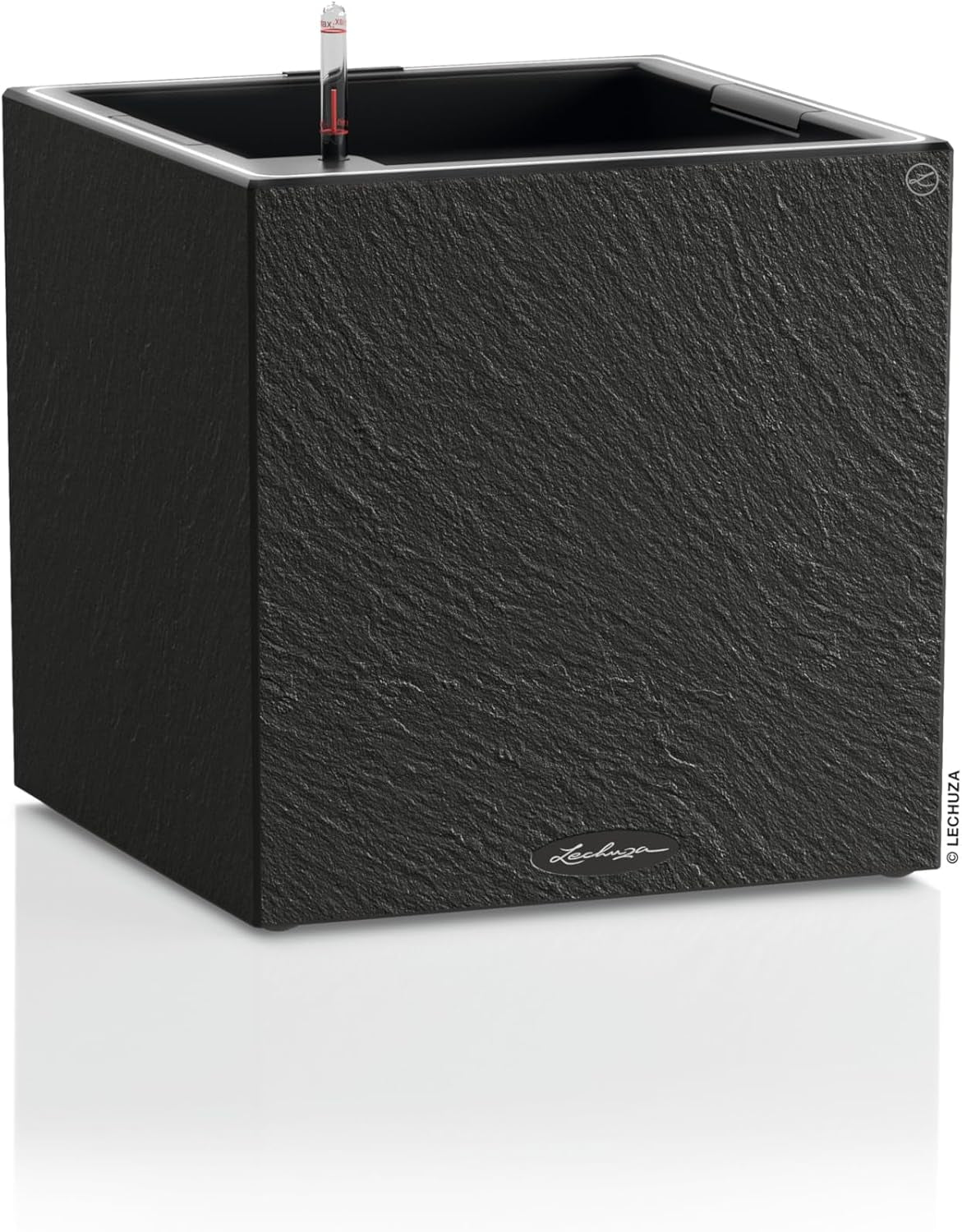 Ghiveci LECHUZA Canto Slatestone 40 Low Gri Închis, ghiveci cu sistem de udare, indicator al nivelului apei și inserție pentru plante, aspect ardezie, 40 x 40 x 40 cm, 15951