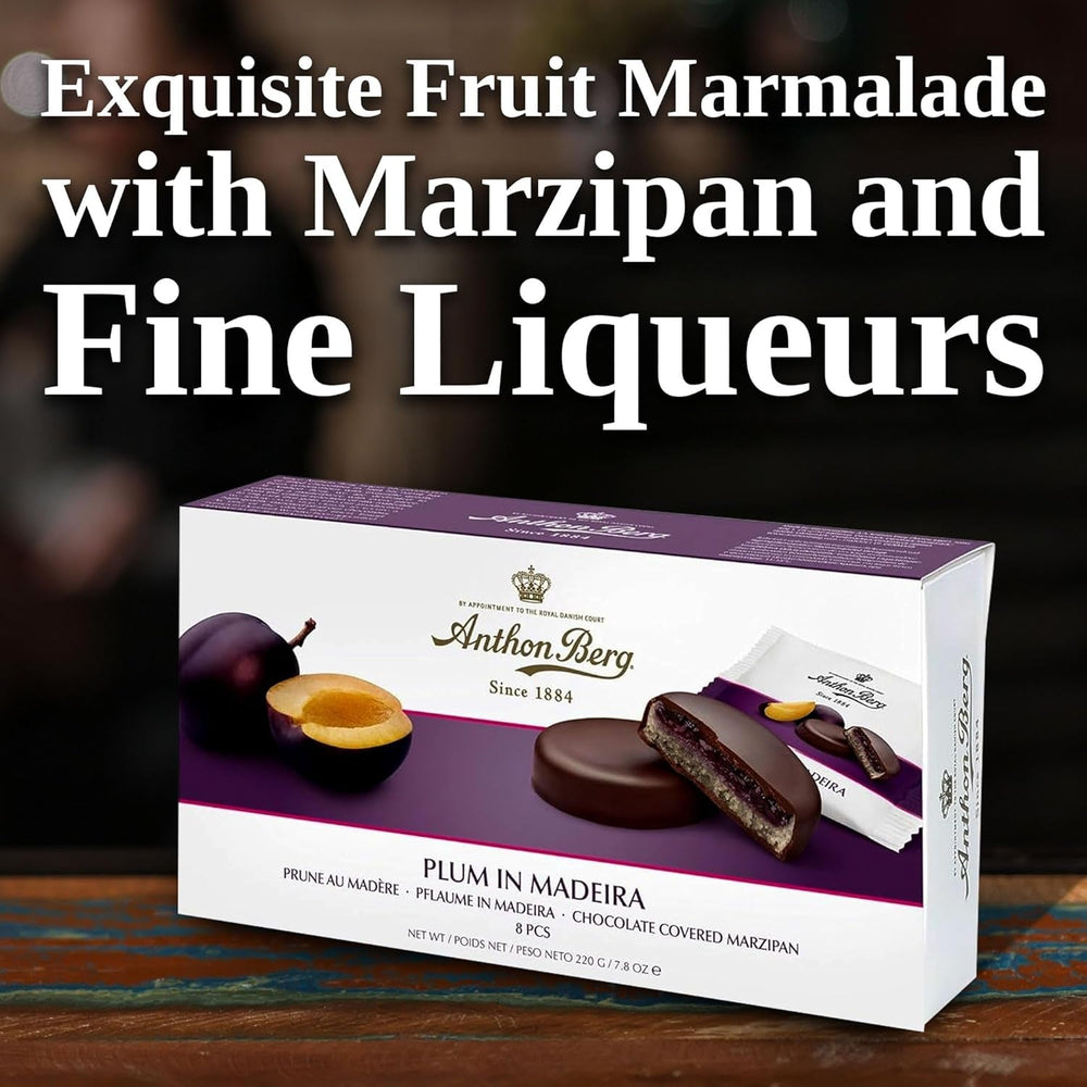 Prună în Madeira – 220 g – Specialitate de marțipan cu fructe și alcool – 8 monede de ciocolată neagră cu jeleu de prune și vin de Madeira – Idee de cadou