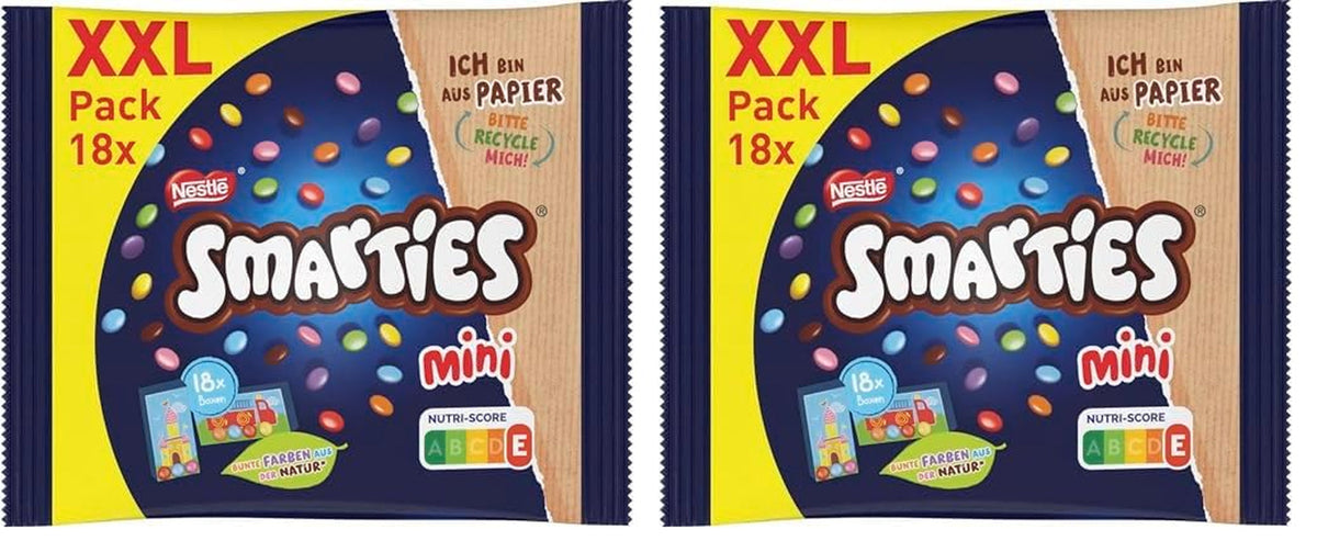 Pungi Nestlé SMARTIES Mini XXL, linte colorată cu ciocolată, ideale pentru a fi împărțite și gustate cu familia și prietenii, culori naturale, ambalaj reciclabil, pachet de 2 (1 x 259g)