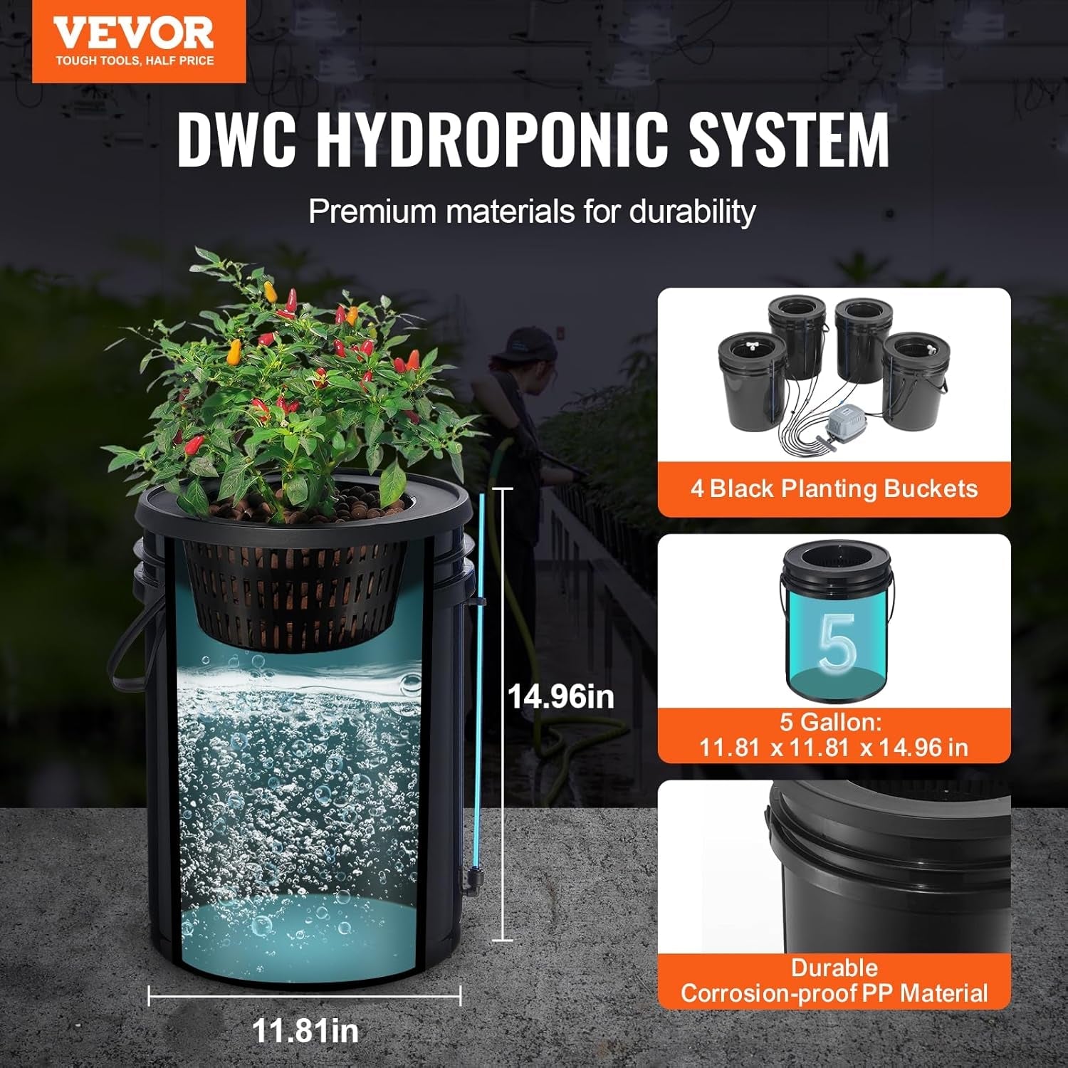 Sistem de creștere hidroponică VEVOR DWC, sisteme de creștere hidroponică cu kit de picurare în ghiveci, cultură în apă adâncă, 4 găleți de 20 l, cu pompă de aer, pietre de aer și indicator al nivelului apei pentru legume cu frunze verzi