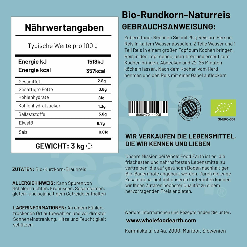 Wholefood Earth Bio-Rundkorn-Naturreis 3 kg, gentechnikfrei, vegane Ballaststoffquelle aus kontrolliert biologischem Anbau