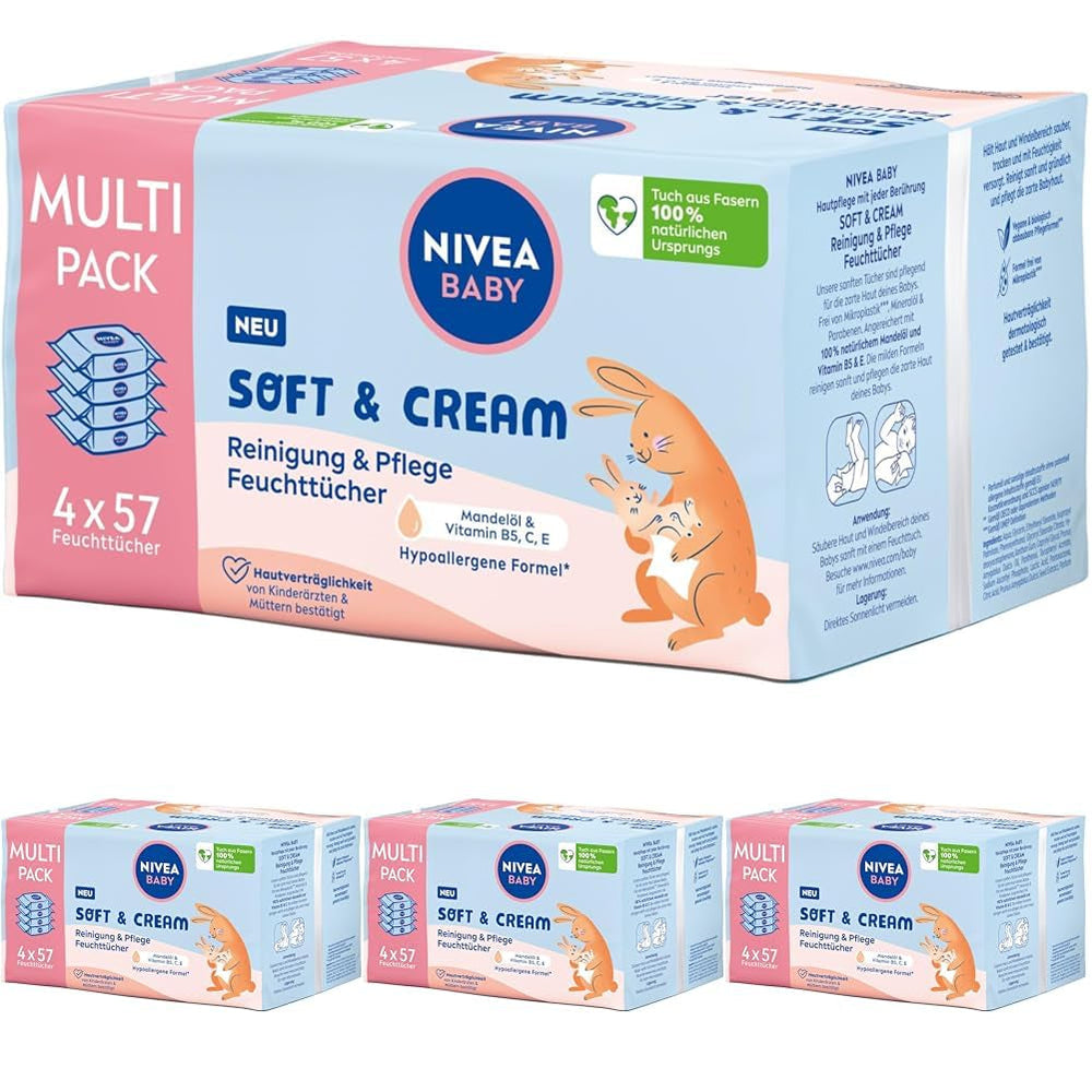 Șervețele umede NIVEA BABY Soft & Cream pentru bebeluși (4 x 57 bucăți)