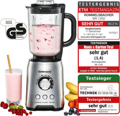 ROMMELSBACHER Standmixer MX 1250-22.000 U/Min, Stufenlose Drehzahlregulierung, Funktionstasten (Smoothie, Clean/Pulse, Ice Crush), Glaskrug, Edelstahlgehäuse, Spezialmesser, 1200 Watt Kitchen Naty Shop