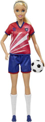 Barbie You Can Be Anything Serie, Fußballspieler, Fußballspieler mit blonden Haaren, rotem und blauem Trikot, Ball, Zubehör, inkl. Puppe, Geschenk für Kinder ab 3 Jahren,HCN17