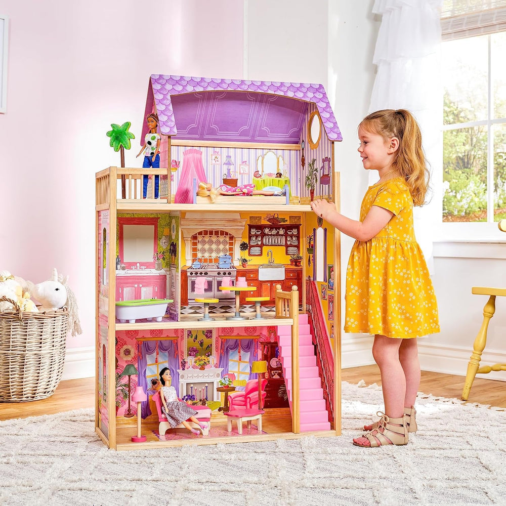 KidKraft Casă de păpuși Kayla din lemn cu mobilier și accesorii, set de joacă cu 3 niveluri pentru păpuși de 30 cm, jucărie pentru copii de la 3 ani în sus, 65092 - Exclusiv pe Amazon