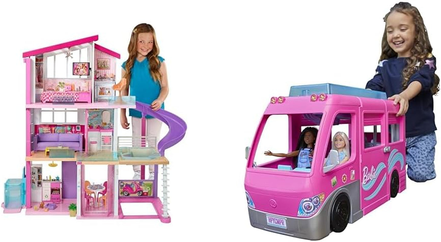 Barbie-Puppenhaus, Traumvilla-Puppe, komplett möbliert, 3 Etagen, 8 Zimmer inklusive Pool, Rutsche und Aufzug, 70 Zubehörteile, Spielzeug ab 3 Jahren, GNH53 Naty Shop Dollhouses Dream Camper Van Bundle