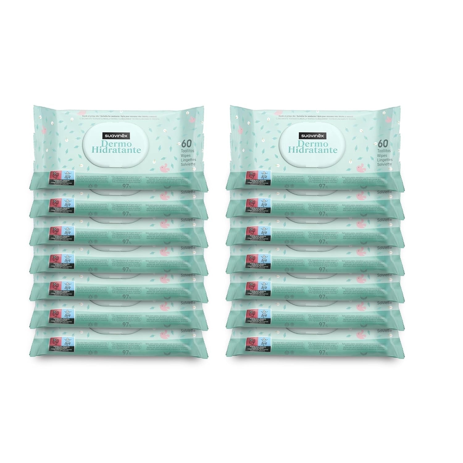 Suavinex, pachet de 14 a câte 60 de șervețele umede pentru bebeluși (840 de șervețele în total), hidratante, potrivite pentru tenul atopic, 95% ingrediente naturale