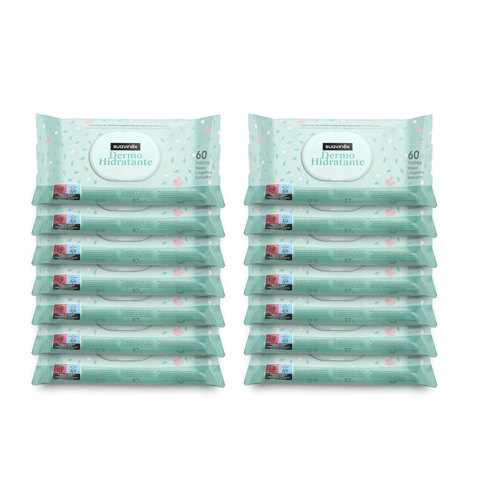 Suavinex, pachet de 14 a câte 60 de șervețele umede pentru bebeluși (840 de șervețele în total), hidratante, potrivite pentru tenul atopic, 95% ingrediente naturale