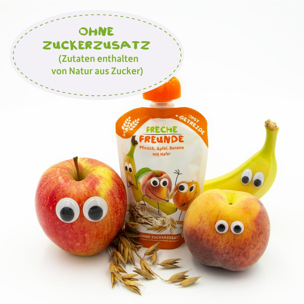 FRECHE FREUNDE Piure de fructe organic cu piersici, măr, banană și ovăz, cu cereale, într-o pungă compresibilă, pentru bebeluși de la 6 luni, vegan, pachet de 6 (6 x 100g)