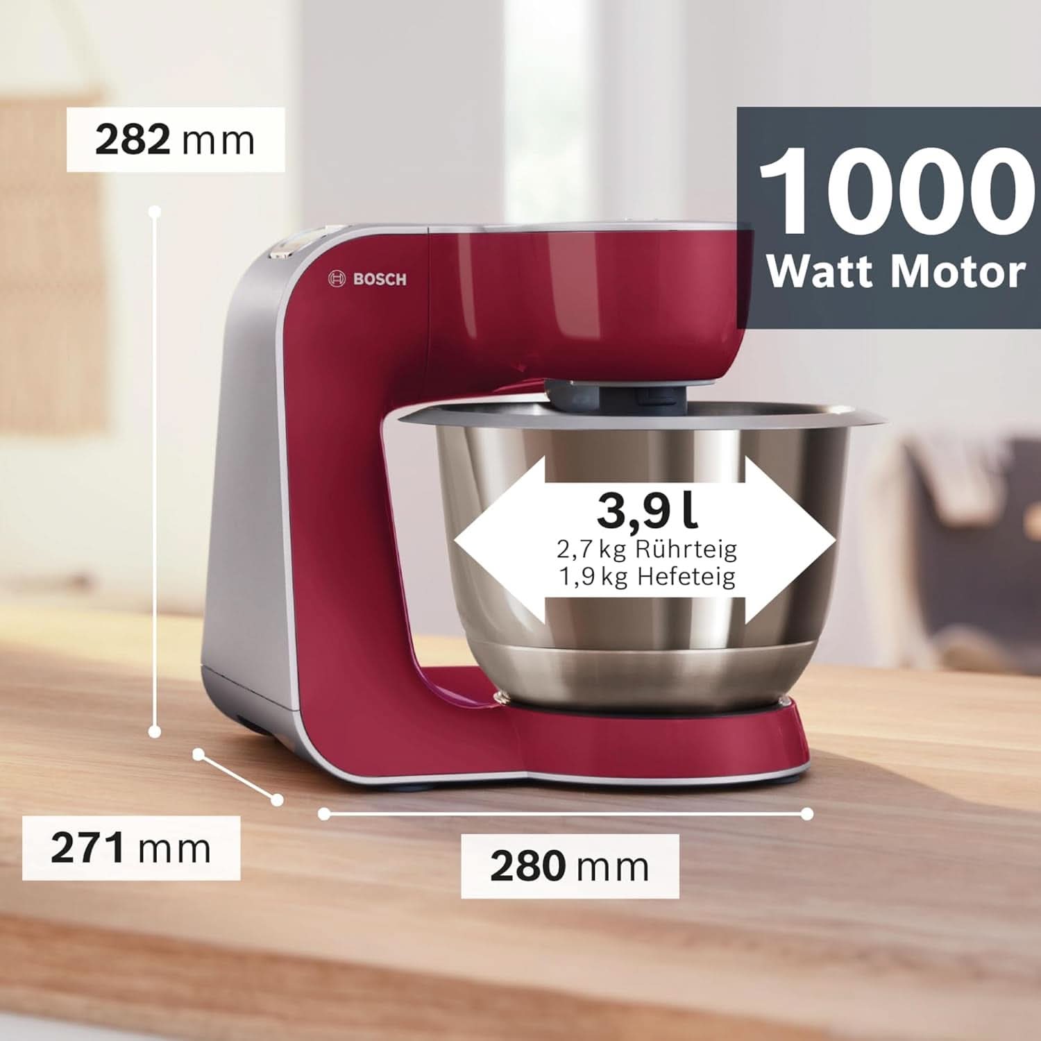 Bosch Küchenmaschine Serie 4 Mum58720, Edelstahl-Schüssel 3,9 L, Mixer 1,25 L, Planetenrührwerk, Knethaken, Schlag, Rührbesen, Durchlaufschnitzler, 3 Scheiben, 1000 W, Dunkelrot/Silber Mutter und Kind Naty Shop