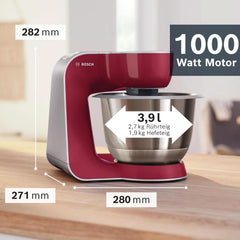 Bosch Küchenmaschine Serie 4 Mum58720, Edelstahl-Schüssel 3,9 L, Mixer 1,25 L, Planetenrührwerk, Knethaken, Schlag, Rührbesen, Durchlaufschnitzler, 3 Scheiben, 1000 W, Dunkelrot/Silber Mutter und Kind Naty Shop