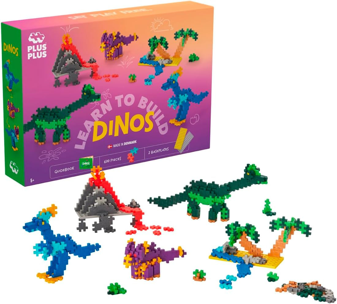 Plus-Plus 9603918 Geniales Konstruktionsspielzeug, Learn to Build, Dinosaurier, Kreativ-Bausteine, 600 Teile, Mehrfarbig