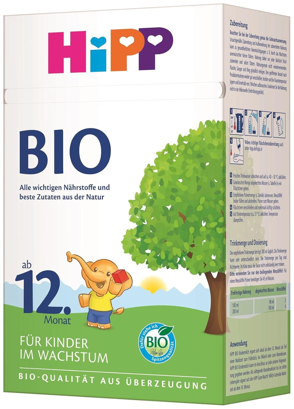 Lapte de creștere organic HiPP (4 x 600g), după 12 luni, cu calciu, fier, vitamina C și D, pentru copiii mici în creștere, de cea mai bună calitate organică