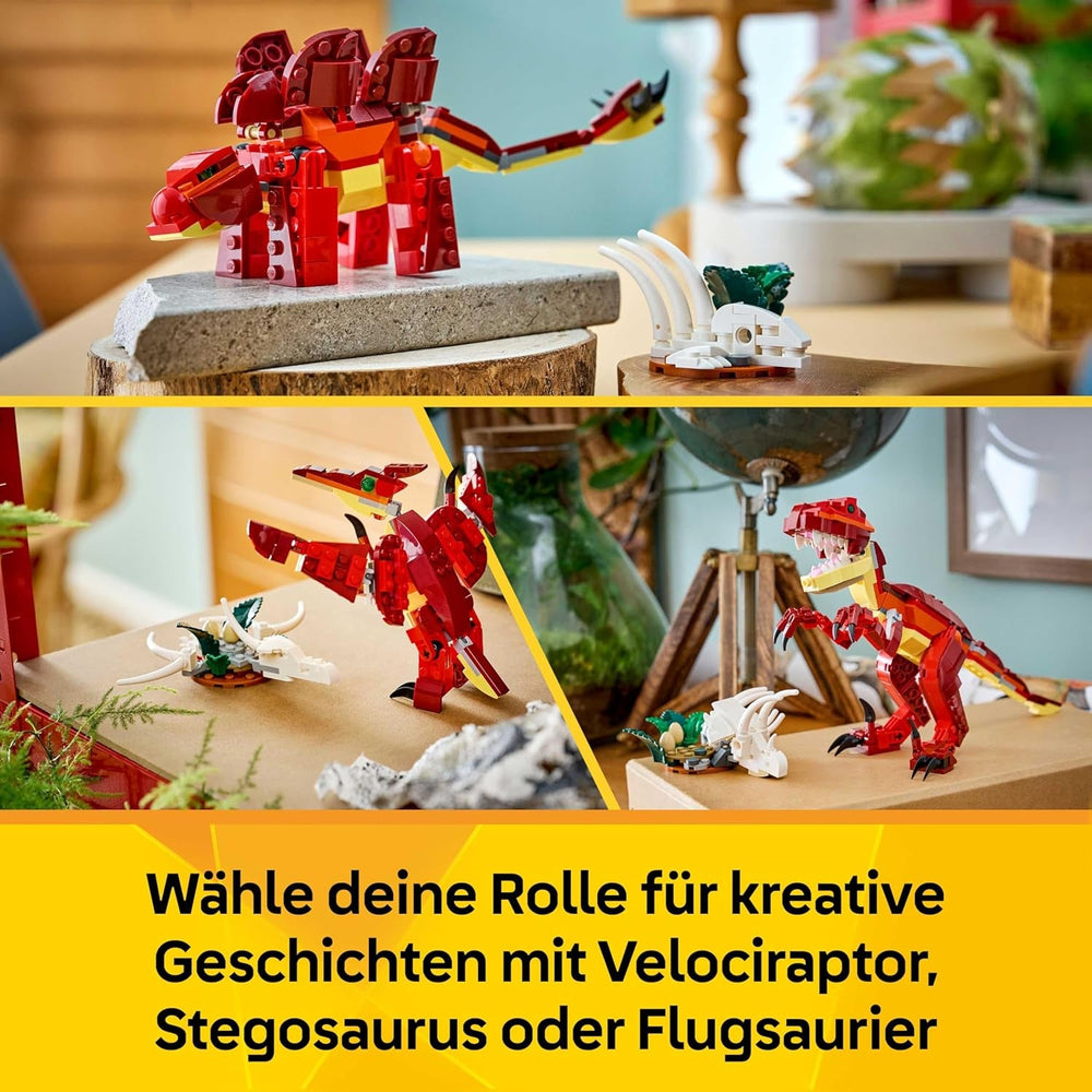 LEGO Creator 3in1 Fierce Dinosaur Toy - Build Velociraptor, Stegosaurus or Pterosaur Dino Figures w/Skeleton & Sharp Teeth Elements - Cool Birthday Gift Idea for 8+ Year Old Boys & Girls - 31379