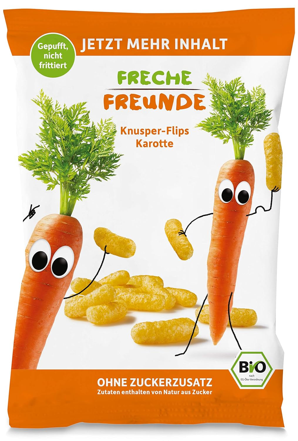 Chipsuri de fructe organice „100% căpșuni”, chipsuri de fructe cu căpșuni liofilizate (12 x 12 g) și noi flip-uri crocante organice cu porumb și morcov, gustare organică, de la 1 an, (9 x 30 g) 270 g