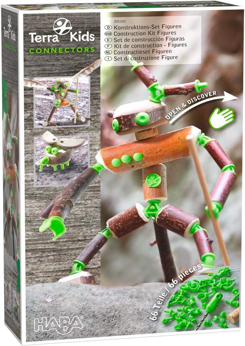 HABA Terra Kids Connectors – Starter-Konstruktionsset für Kinder - Holz-Bastelset mit Kunststoff-Verbinder und Handbohrer – Natur-Baukasten für kreatives Bauen von Figuren