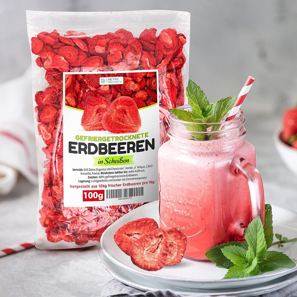 FRUCTE DE STRAWBERRIES FREEZE-DRIED, 100g fructe în felii, 100% fructe uscate - naturale și fără adaos de zahăr sau aditivi, de cea mai înaltă calitate de la Detox Organica Produse deshidratate Naty Shop