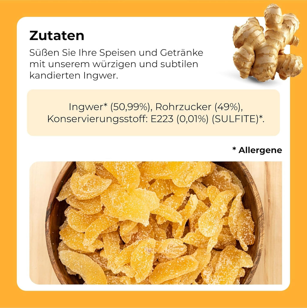 Ghimbir confiat în bucăți 1 kg | Fructe uscate deshidratate Felii de ghimbir glazurate | Ghimbir confiat în felii | Frunze uscate îndulcite | IDEAL pentru rețete | Vegetarieni și vegani. Produse deshidratate Naty Shop