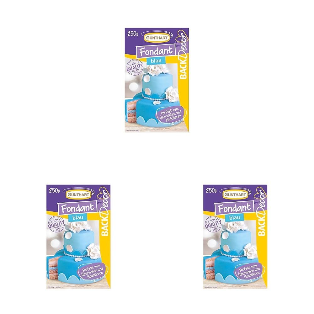 Günthart BackDecor 250 g fondant albastru, 100% vegan, fără ulei de palmier, rezistent la rupere pentru a acoperi prăjituri și produse de patiserie, potrivit pentru modelare, pachet de 3 (1 x 250 g) Pasta de zahar Naty Shop Albastru 250 G (pachet de 3)