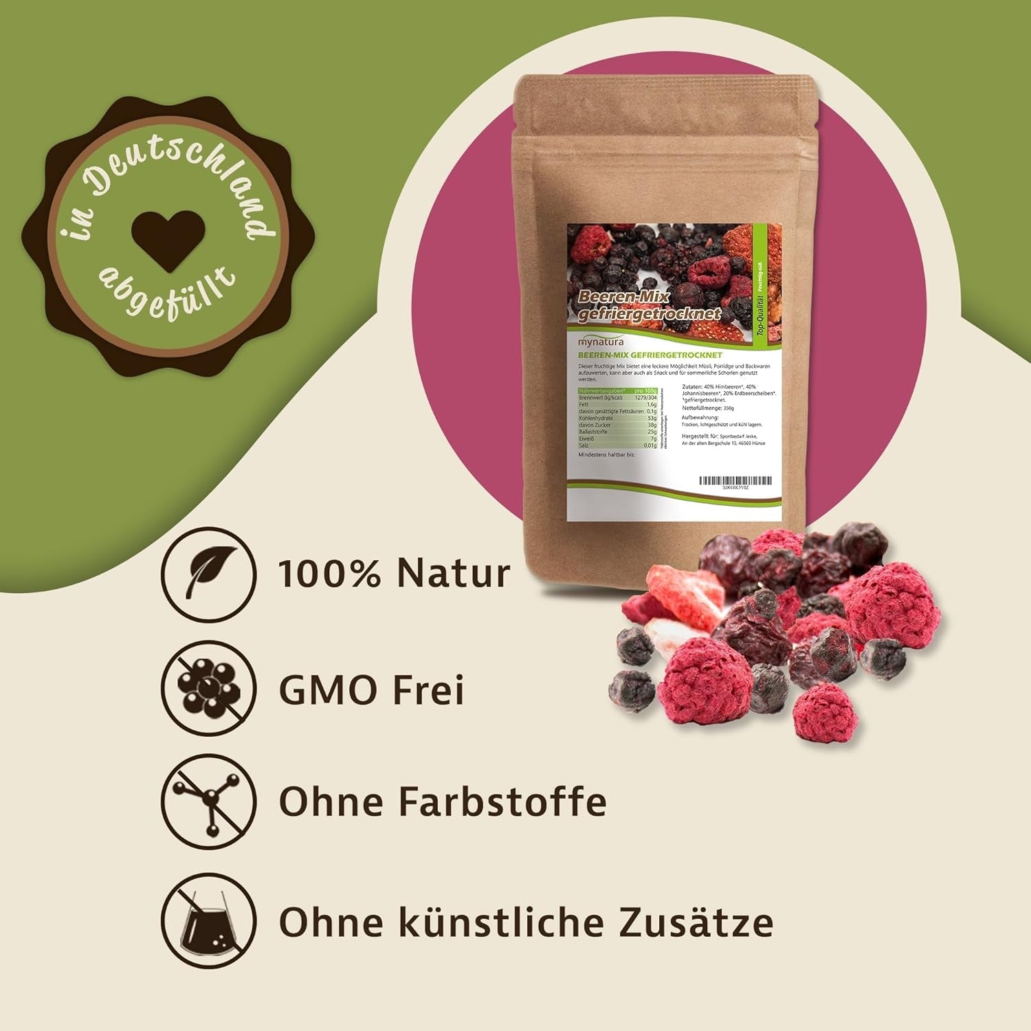 Mynatura Amestec colorat de fructe de pădure liofilizate I Amestec de fructe I Zmeură I Coacăze negre I Căpșuni I Gustare de fructe I Vegan I 350g Produse deshidratate Naty Shop