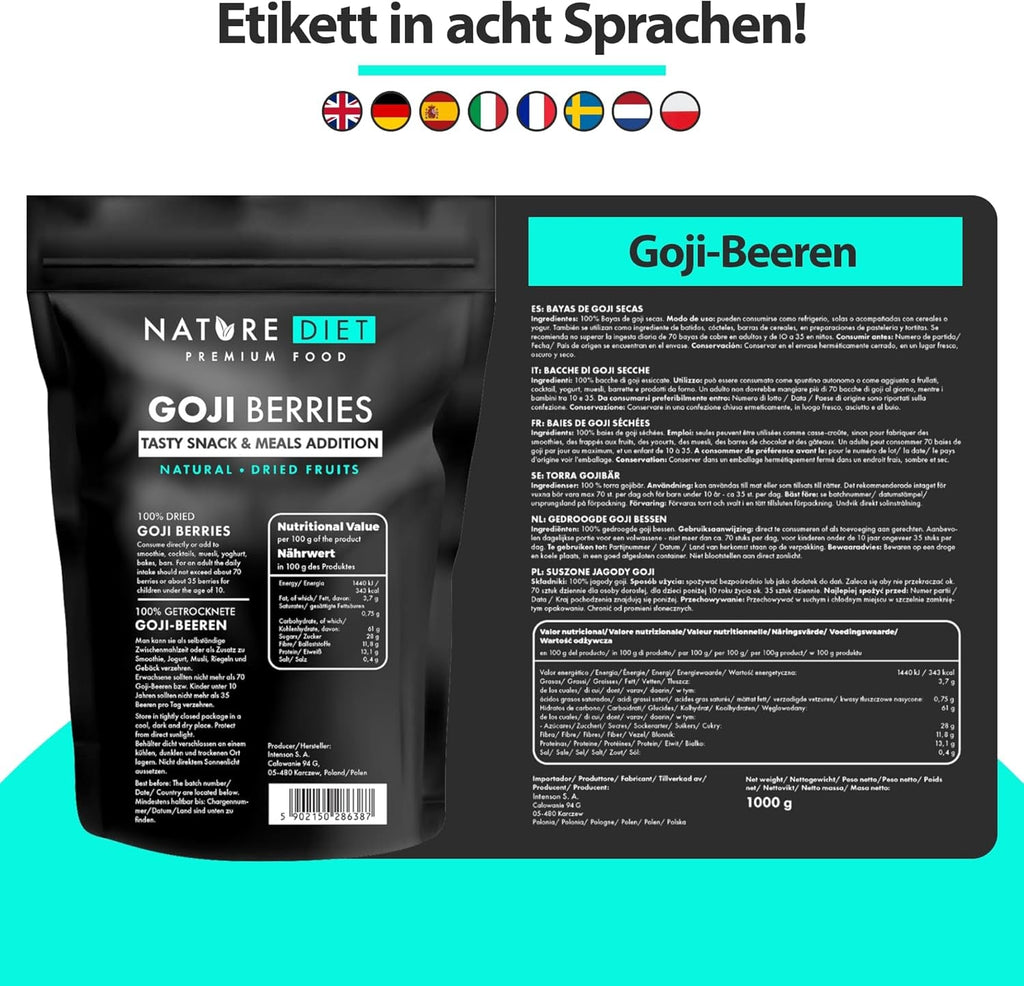 Nature Diet - Goji berries 1000 g | Fructe de pădure uscate | Gustare sănătoasă Produse deshidratate Naty Shop