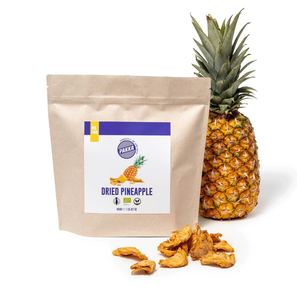 PAKKA bucăți de ananas ecologic și echitabil 1kg, ananas uscat ecologic și echitabil, neîndulcit, nesulfurat, produs și umplut direct de producătorul din Columbia, vegan 1000g Produse deshidratate Naty Shop Varianta 1: 450 G (1 pachet)
